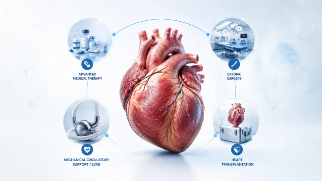 Advanced Heart Failure Treatment Pathway Medical infographic showing treatment pathway for advanced heart failure