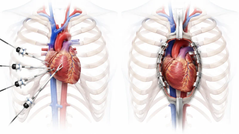 Medical illustration explaining minimally invasive heart surgery